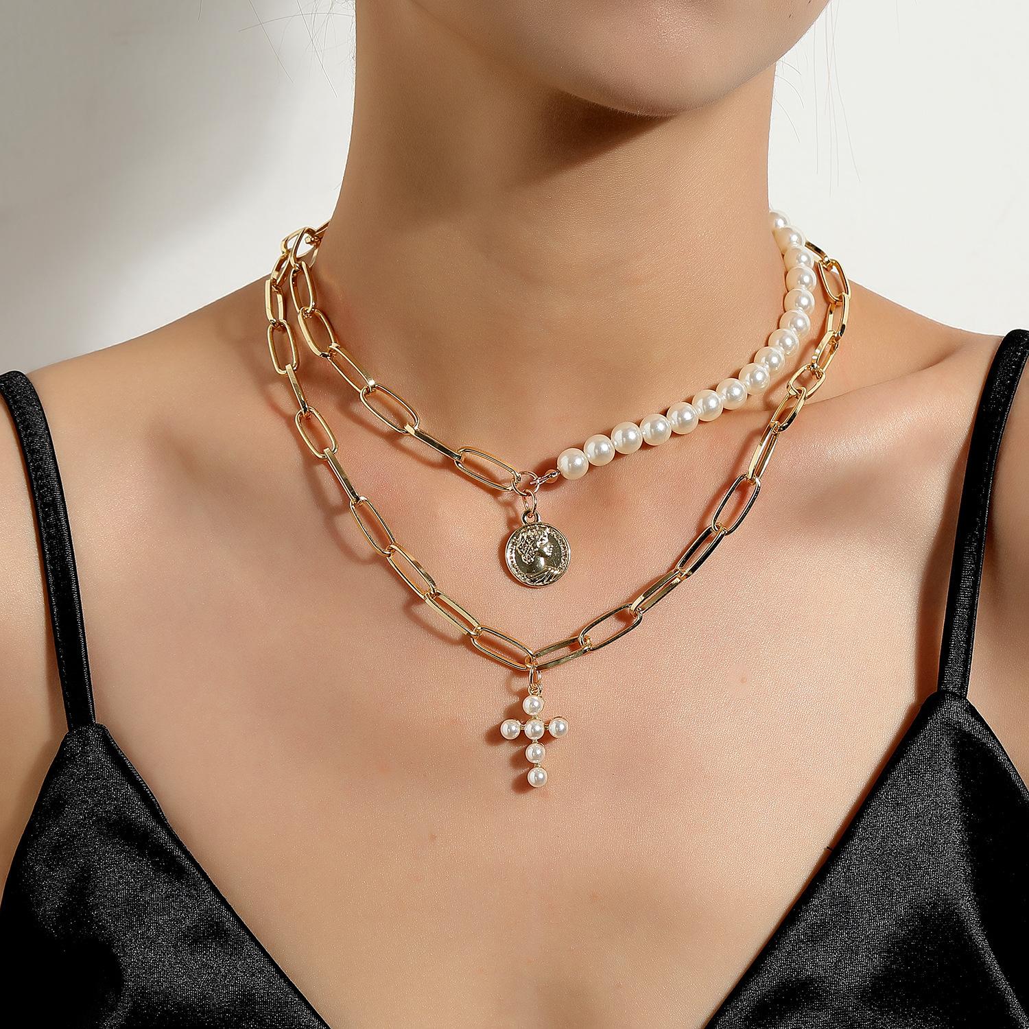 

Metal Chain Necklace Female Tide Cross Pendant Double Layered Decorative Clavicle Chain