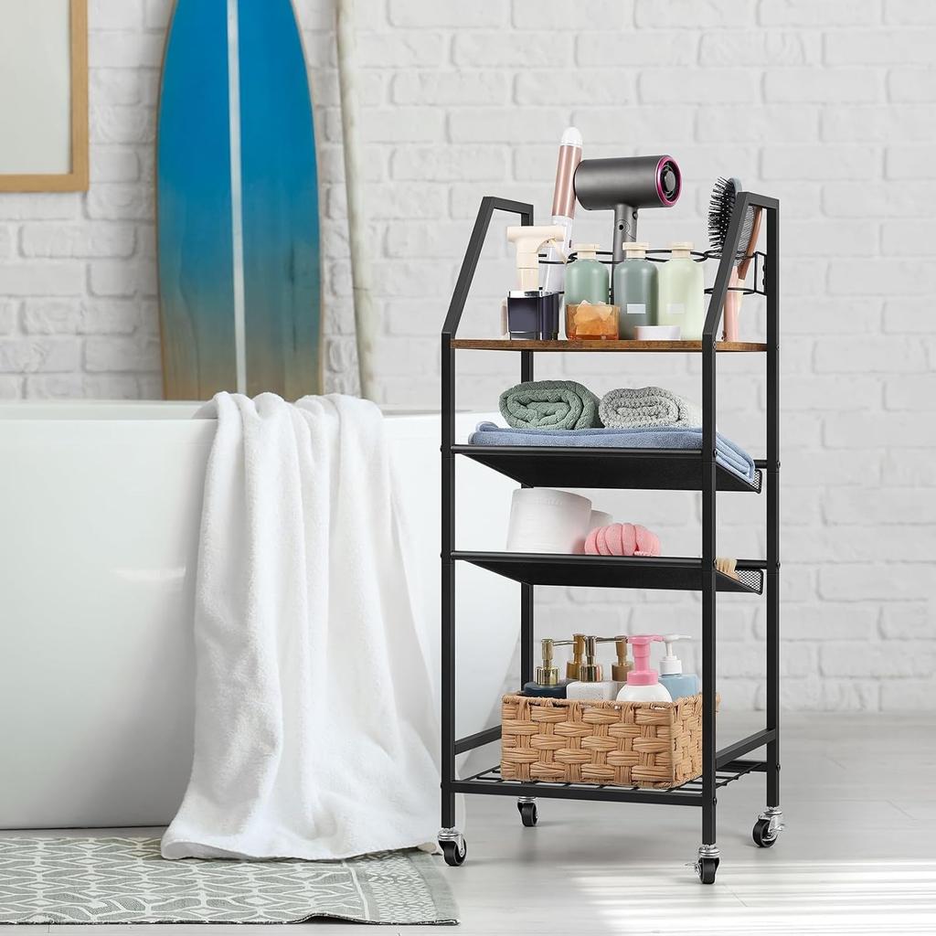4-Tier Freestanding Towel Rack with Wheels - Hair Tool Organizer & Metal Shelf, Space Saving for Bathroom/Pool