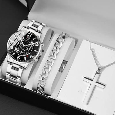3pcs/set,1PC Fashion Men's Calendar Quartz Wrist Watch & 1PC Casual Male Bracelet & 1PC Classic Cross Necklace,ideal Choice for Gifts To Men