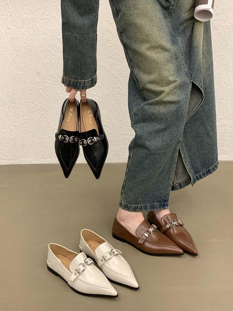 Fashion Fashion Women Loafers Pointed Toe Black White Brown Metal Rivet Chain Flat Low Heeled Slip On Daily Dress Shoes Woman Size 35-39