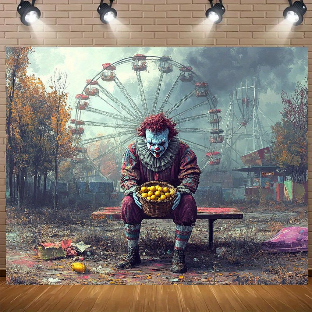 1 terrifying clown banner background cloth - Ferris wheel & Clown pattern perfect for Halloween party decoration