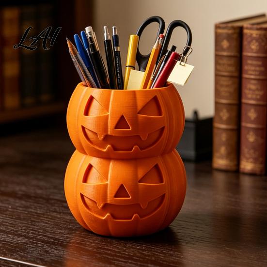 Decorative Holiday Container 3D Printed Double Pumpkin Pen Holder Stacked Desktop Organizer Shaped Organizer Halloween Stationery Storage