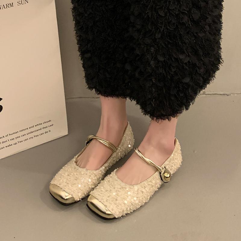 Moda 2024Bling Baleriny Damskie Kostiumowe Tweedowe Mary Jane Buty Baleriny z cekinami na wierzchu Damskie Buty