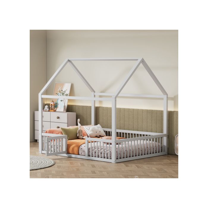 140*200cm Massivholzbett, Doppelbett, Flachbett, Hausbett, Hausbett mit Tür, weiß