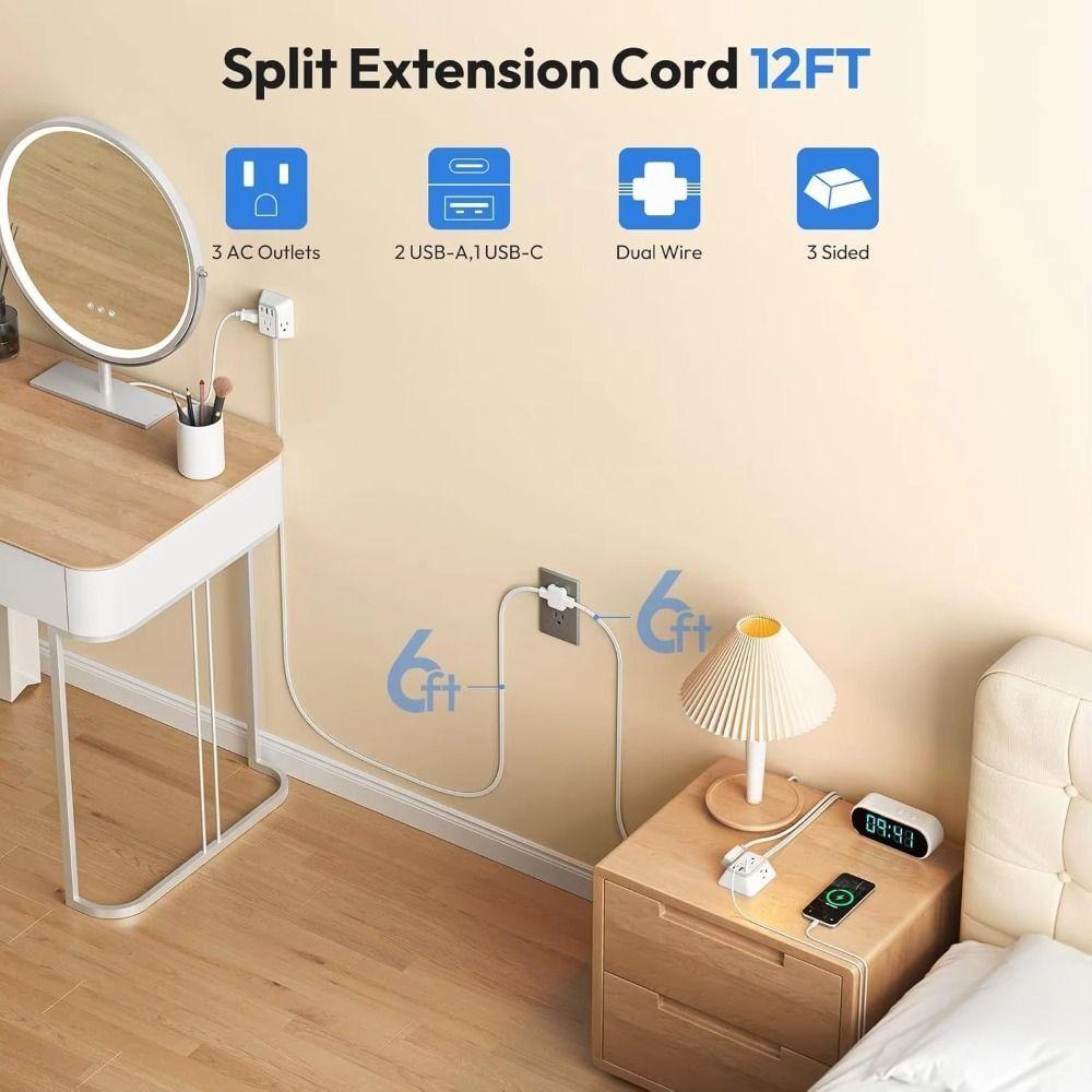 12FT Length Twin Extension Cord 2 USB-A Ports Split Power Strip  Overload Protectio