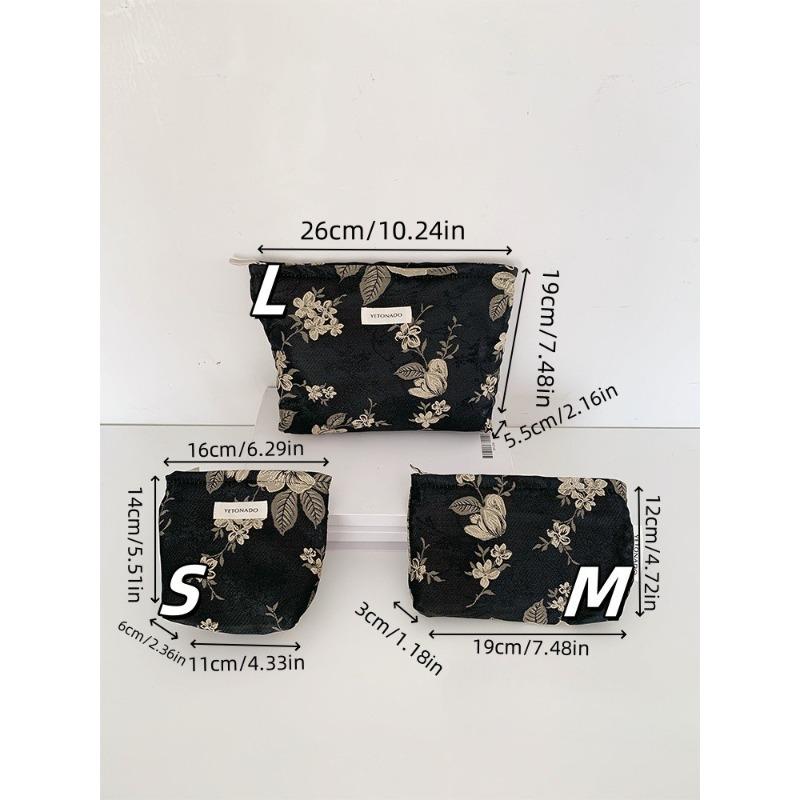 Vintage Makeup Bag Dark Red Floral Jacquard Fabric Cosmetic Pouch Women's Zip Square Clutch Handbag for Toiletries Storage