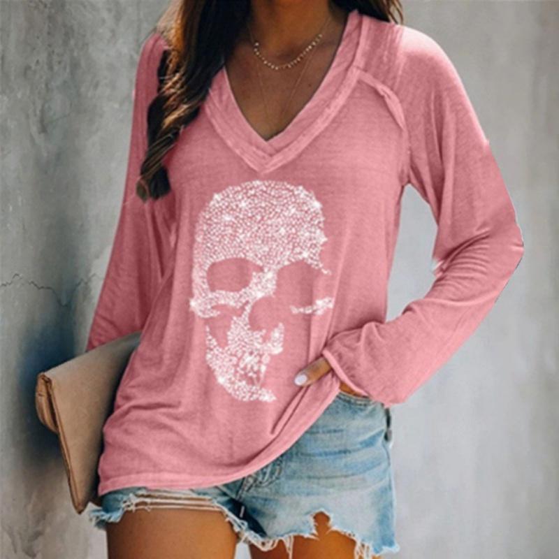 Felpa da donna con strass e motivo scheletro, scollo a V, maniche lunghe, top