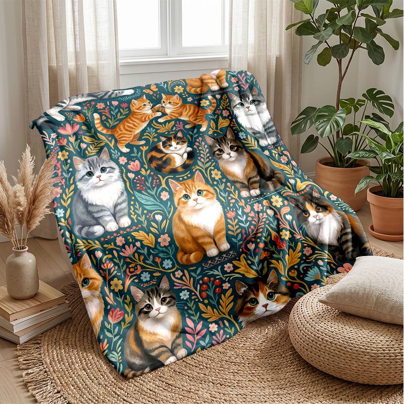 Cats In Cartoon Style Blanket Personalized Name Flannel Blanket Soft Cozy Plush Throw for Sofa Bed Lightweight Home Decor