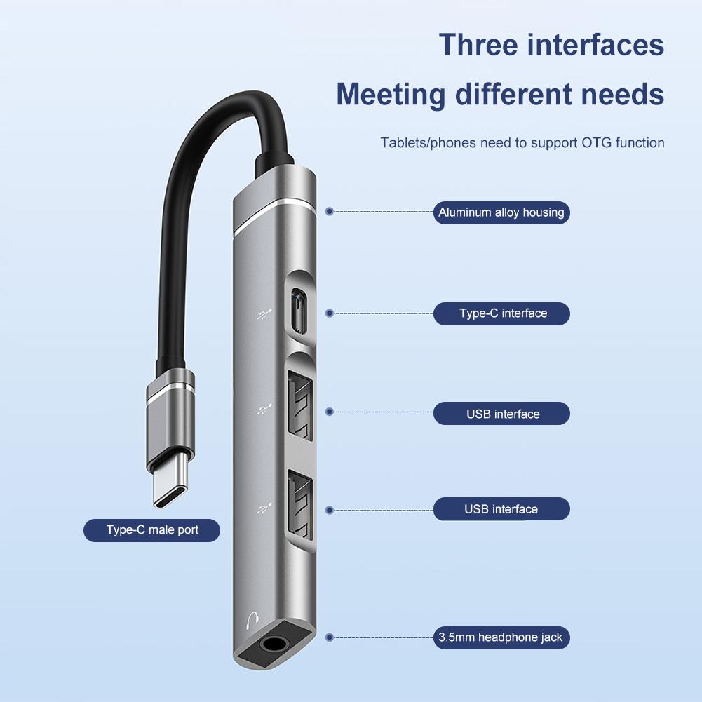 Type C 3 Port USB 2.0 Hub PD Fast Charging Splitter Adapter with Audio Jack Plug and Play for Mouse Keyboard Tablet