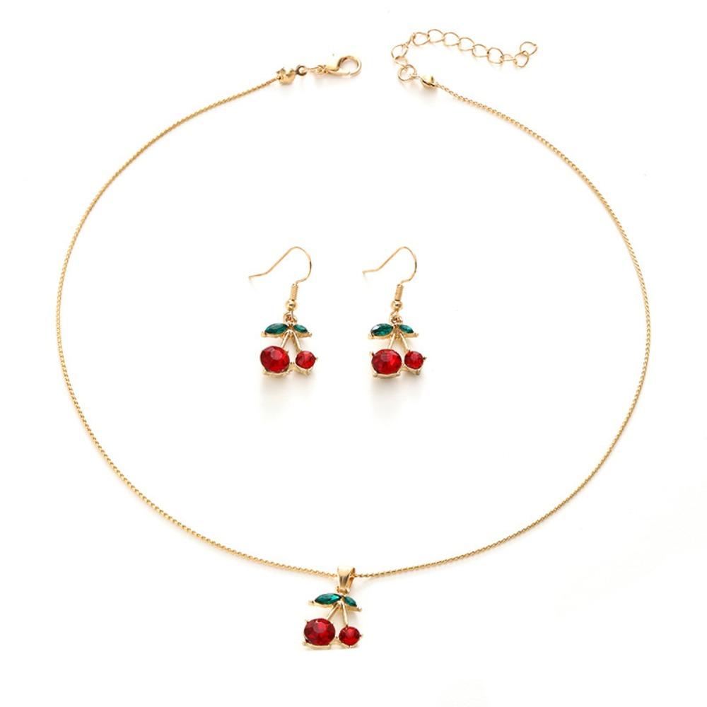

Cherry Shape Cherry Pendant Necklace Crystal Necklace Eearring Set Zircon Ear Buckle Set Gifts Style 2