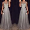 Women Evening Dress See-through Mesh Shiny Sequin Patchwork Tight Waist Sleeveless Dress-up Floor Length Prom Banquet Long Bridesmaid Dress Women