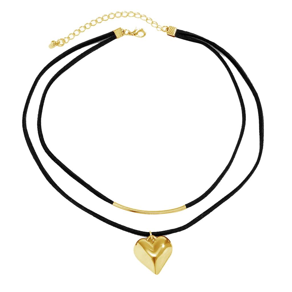 Double Layer Velvet Cord Necklace with Geometric Heart Pendant Adjustable Length Choker Style Jewelry for Everyday Wear and Special Occasions