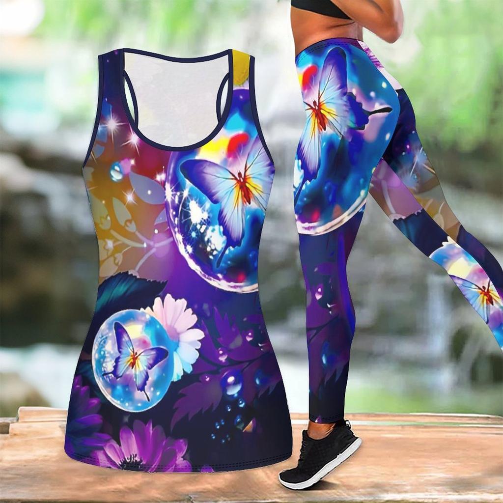 Dámský jóga outfit s potiskem motýlů Módní legíny na cvičení Fitness Sportovní Ležérní sada na jógu Sportovní oblečení