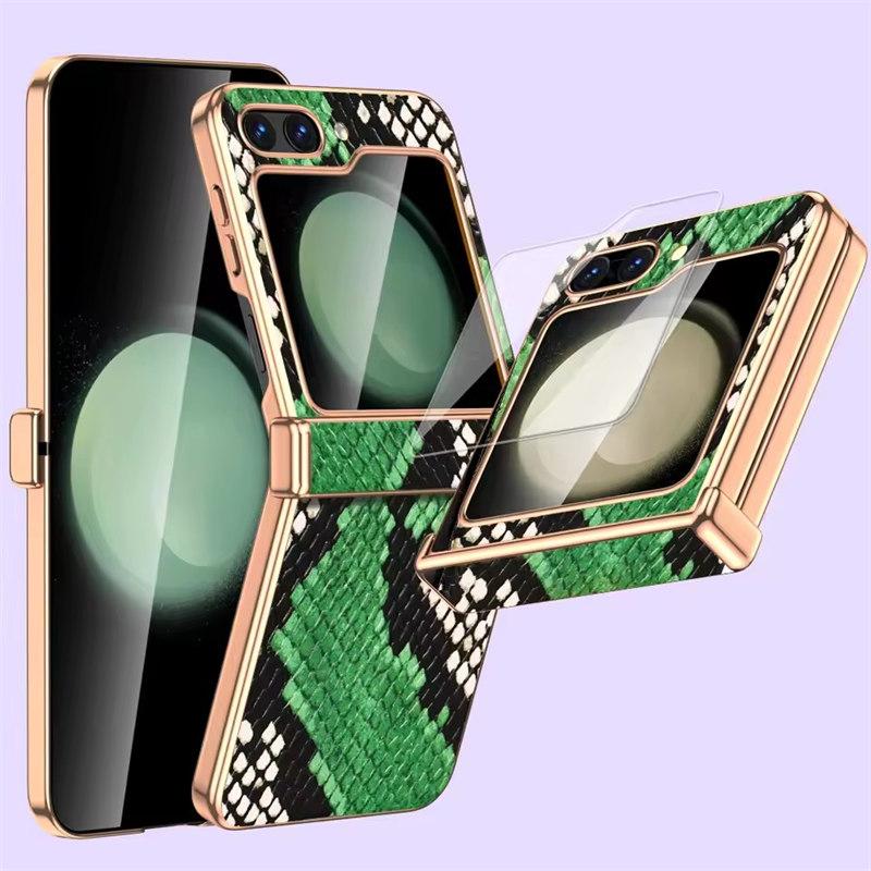 Telefonveske av okseskinn til Samsung Galaxy Z Flip6 Flip5 Flip 6 5 ZFlip5 Luksus hengselbeskyttelsesdeksel med herdet glass