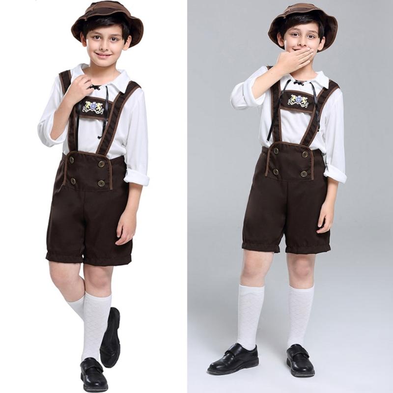 3Pcs Boy Oktoberfest Costume Kid Uniform Lederhosen Shorts with Shirt and Hat for Halloween Party Oktoberfest Festivals