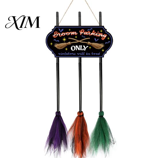 Compact Storage Holiday Wall Signs Halloween Broom Parking Sign with 3 Witch Brooms, Hocus Pocus Themed Wooden Sign, Lightweight Seasonal