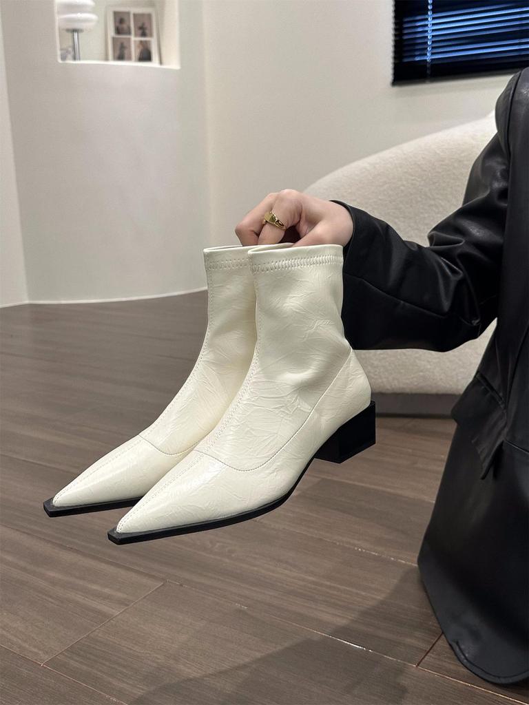 Thick Heel Pointed Head Thin Foreign Style Small Short Boots Women's Shoes 2025 New Silver French Temperament Spring and Autumn Single Boots