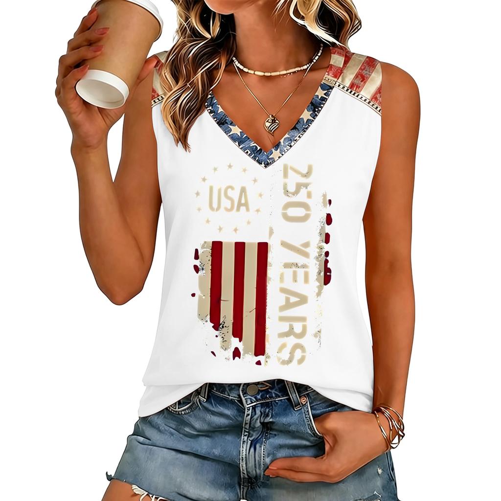 Women V Neck Casual Sleeveless Top with Independence Day Print Loose Fit Pullover Tank for Summer Daily Wear