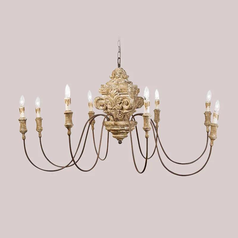 American Rural French Solid Wood Chandelier Carving Retro Vintage Living Room Dining Room Bedroom Villa Candle Lights Lustre
