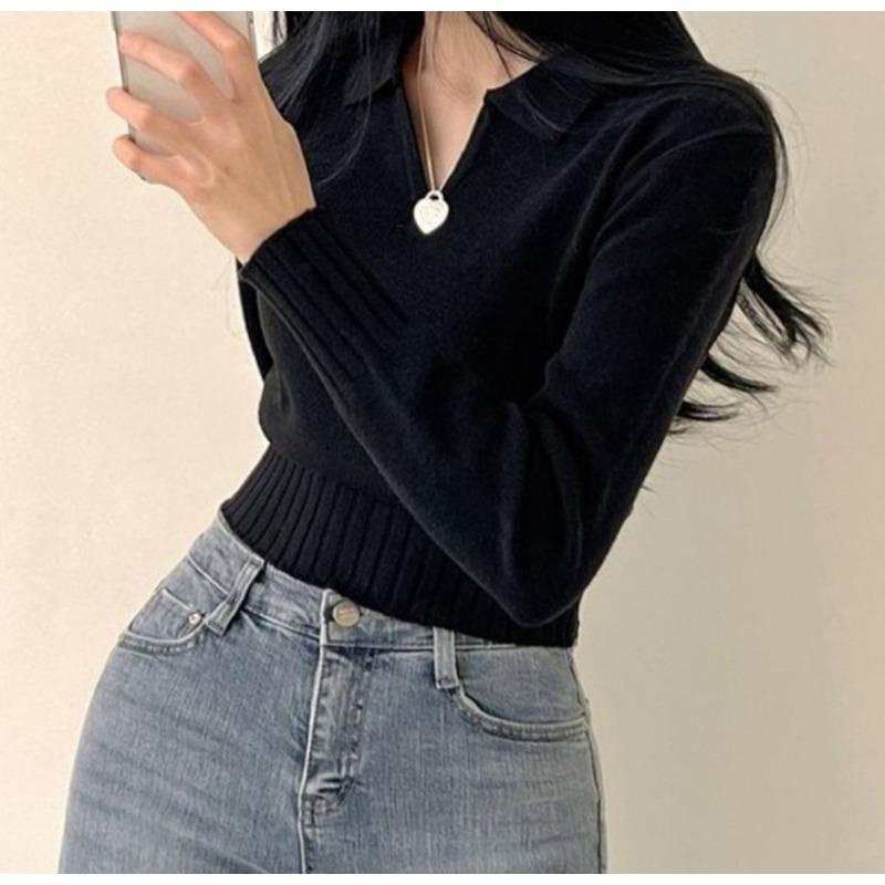 V-Ausschnitt POLO Strick Basic Shirt für Damen Herbst und Winter Schlankmachend Kurz mit Top-Design Gefühl Pullover Trend