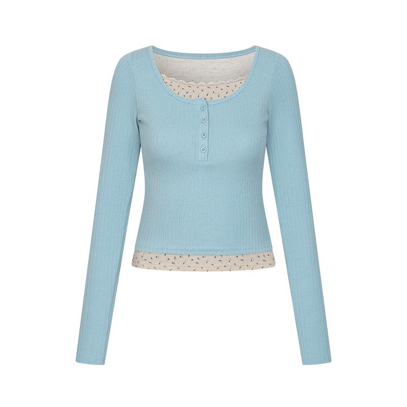 

2 футболки с длинным рукавом из чистого кружева, имитирующие двойку, для женщин, приталенные для весны и осени, милые и пикантные топы для девушек XL fits 125-70 kg синий