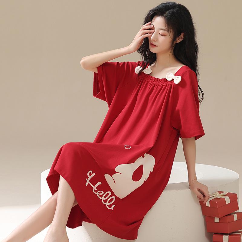 

Женское летнее мультяшное хлопковое платье-пижама - Повседневная домашняя одежда с коротким рукавом L (50-60 kg)