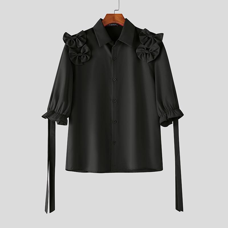 

INCERUN Oversized Men Lapel Neck Tassel Half Sleeve Bow Knot Causal Shirts 4XL чёрный