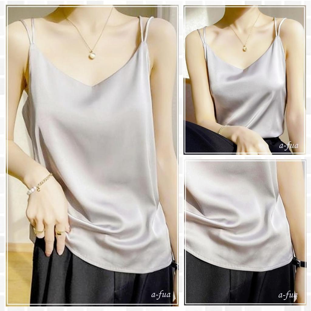 Satin Sexy Top for Women a-fua Camisole, Show-Off Cami, Cupless, Glossy, Smooth, Silk-Like, Beautiful, Cross-Back, (Champagne White, XL)