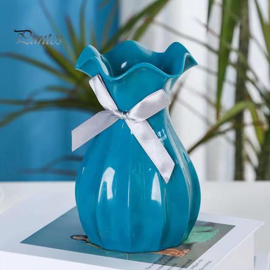 Light Plastic Vase Shatterproof Flower Vase with Ruffled Mouth Dried Flowers Holder with Bow for Bedroom Living Room Table Decor