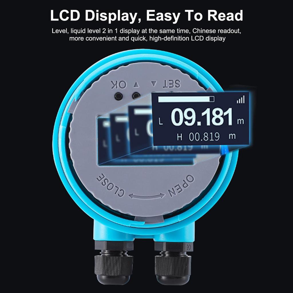 Niveau d'eau ultrasonique DC24V Mètre de niveau de profondeur d'eau et de liquide avec affichage LED et étanche Mètre de niveau de profondeur de liquide multifonctionnel pour aquarium