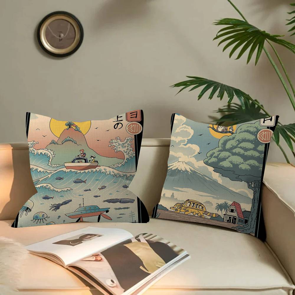 Studio Ghibli Ukiyo-e Collectie Bureaukussen, Kussensloop, Autokussenhoes, 45x45 cm, Lendenkussensloop, Bankkussenhoes
