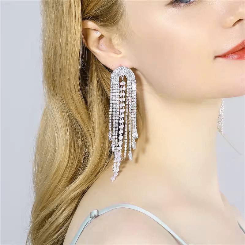 Korean High-End Full Diamond Tassel Earrings: Trendy, Versatile Bridal and Banquet Fashion.