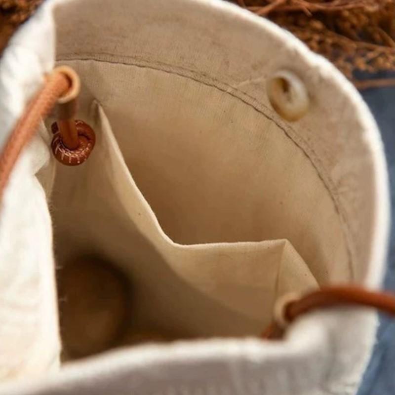 Beige Jacquard Embroidery Handbag Women Vertical Lightweight Mini Shoulder Bucket Bag Ladies Retro Casual Crossbody Bags Purse
