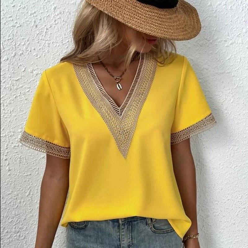 Women's Fashion Shirts Casual Shirt Summer Spring Solid Color Print Lace Short Sleeve V-Neck Blouses & Shirts