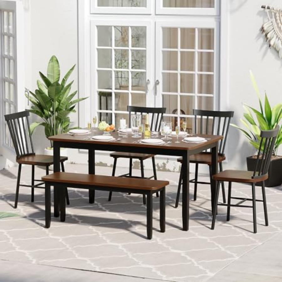 Solid Wood 6 Pcs Dining Table Set, Modern 58"/W Kitchen Table Set for 6 with 4 s and 1 Bench, Kitchen and Dining Room Sets for