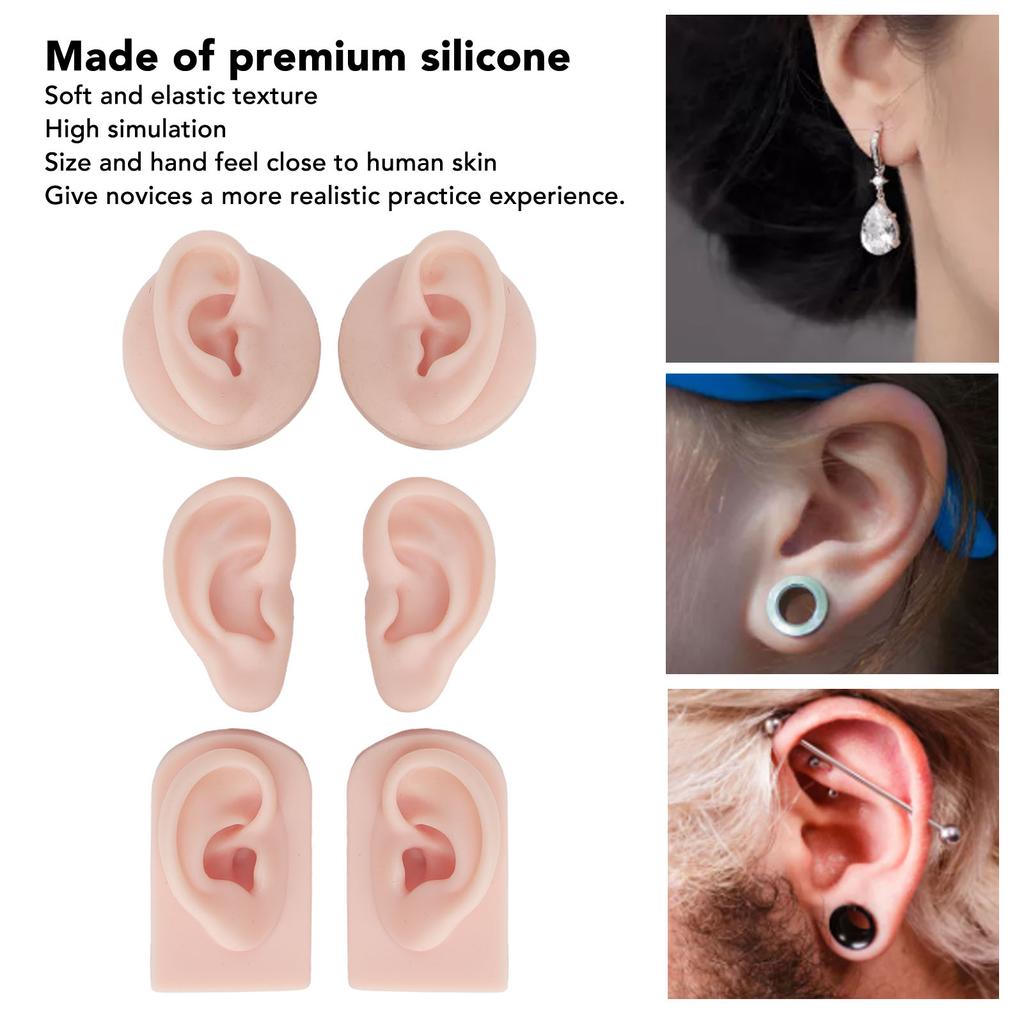 3 Pairs Silicone Ear Model Soft Flexible Simulation Human Ear Model for Piercing Practice Jewelry Display
