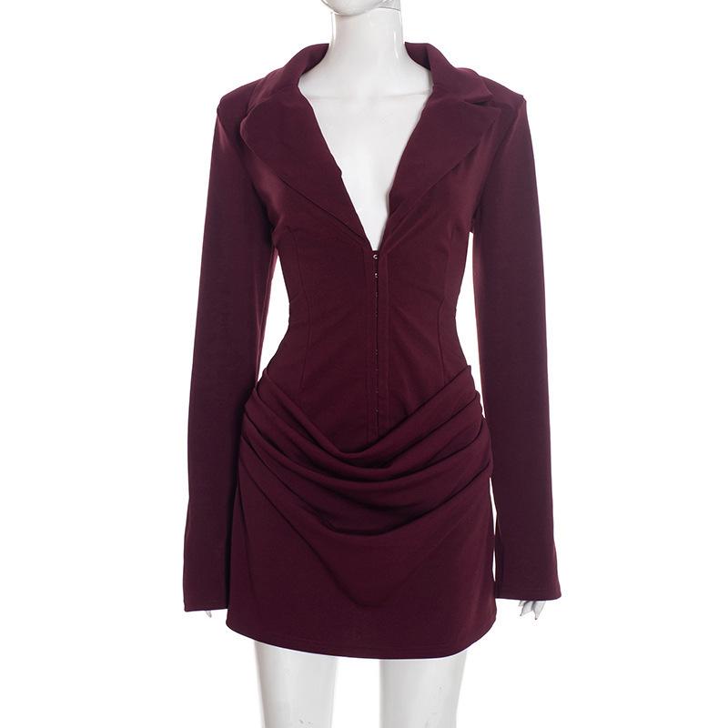 

Autumn/Winter Deep V-Neck Pleated Waist Casual Short Dress S
