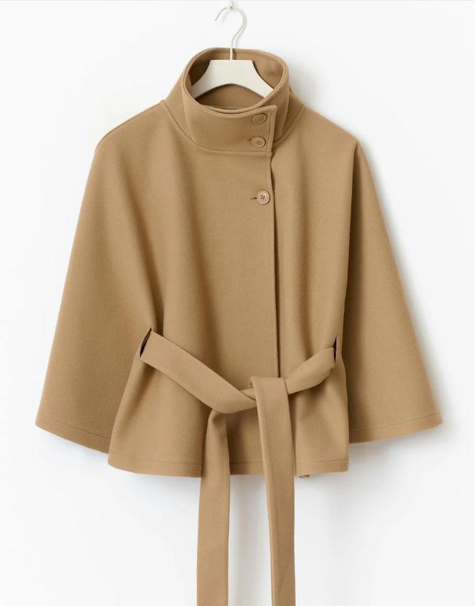 2025 Women's Solid Color Cape Trench Coat with Stand Collar and Belt for Autumn and Winter