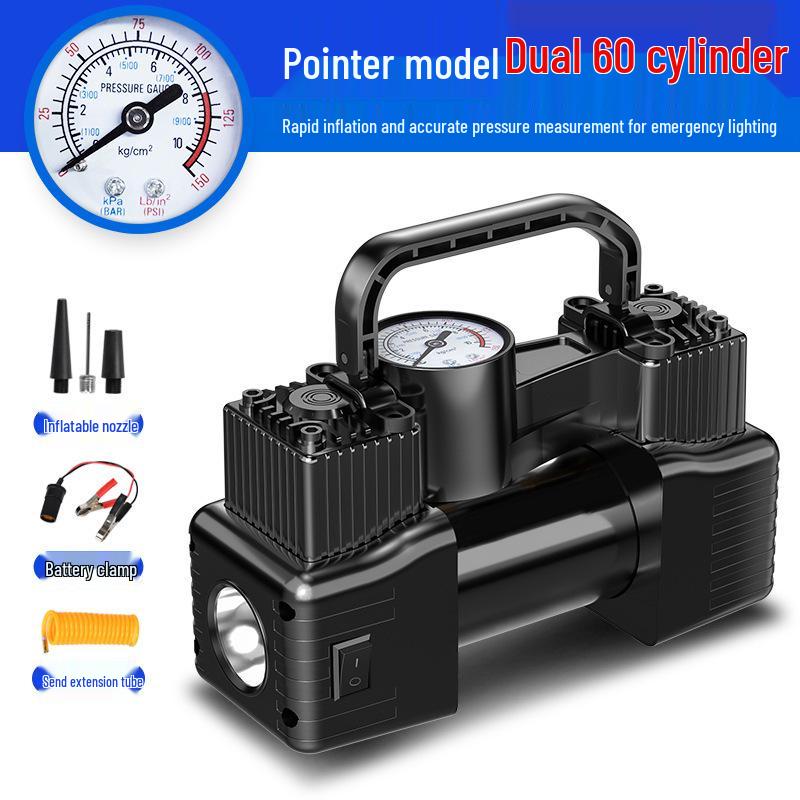 Dual Cylinder Car Air Pump, 150W - High Pressure, Multi-Function, Auto Fill & Stop for Sedan Tires.