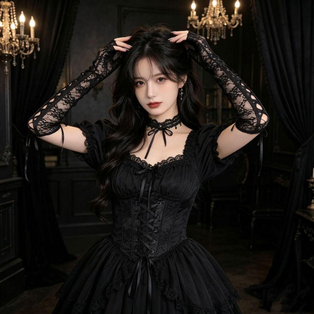 Lolita Lace Strap Gloves Long Gloves JK Women Gloves Sweet Ribbon Half Finger Gloves Photography