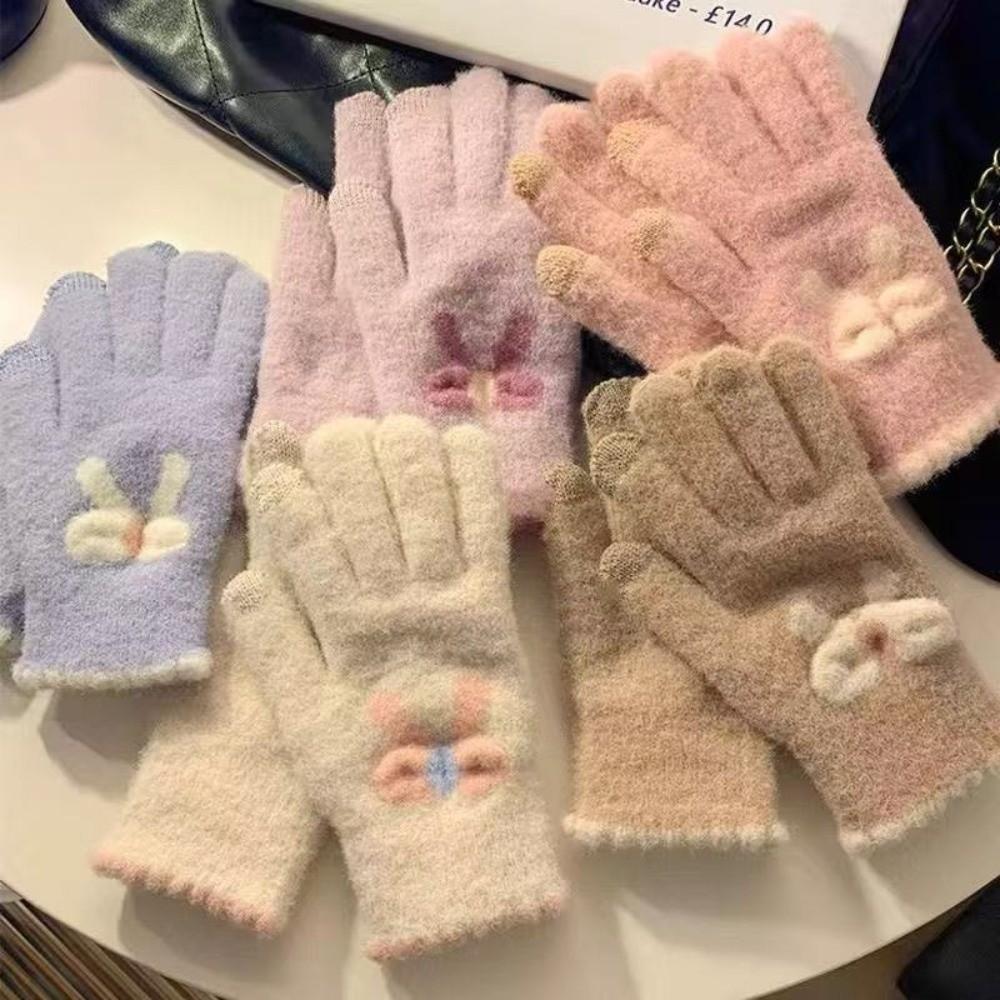 Cute Keep Warm Knitted Gloves Windproof with Five Fingers Winter Gloves Cold Protection Stretch Knit Mittens Girl Women