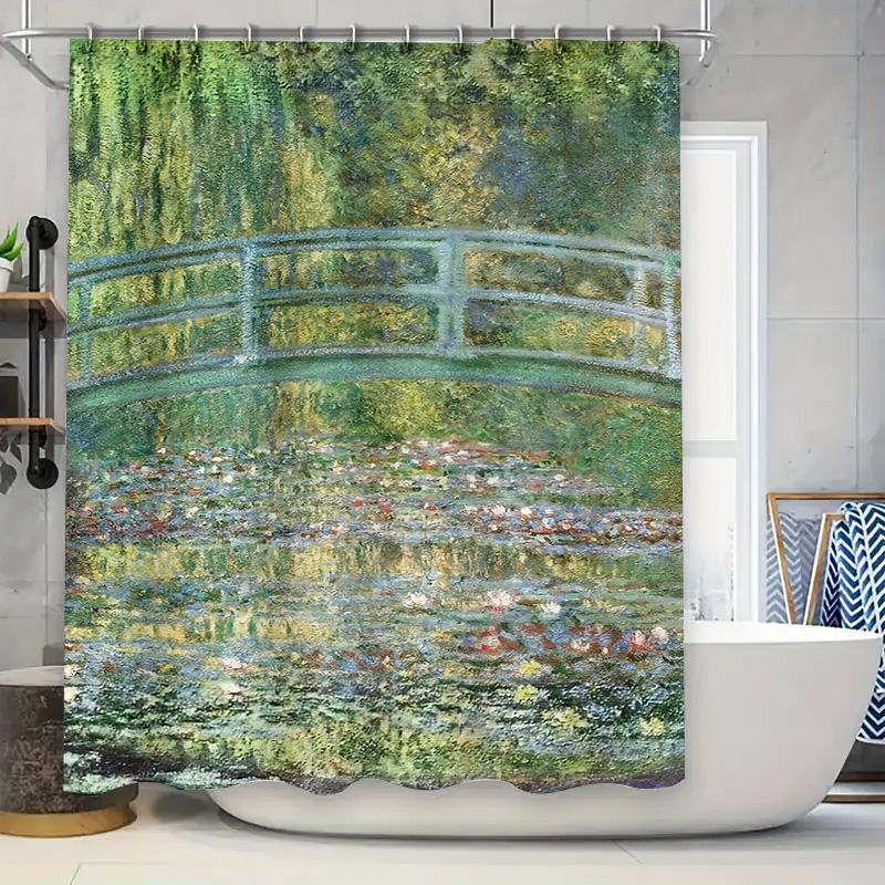 

Beautiful Greenery Shower Curtain Rustic Bridge Design for Bathroom Decorations Waterproof Fabric with Hook Rings Perfect Gift I 90x180cm