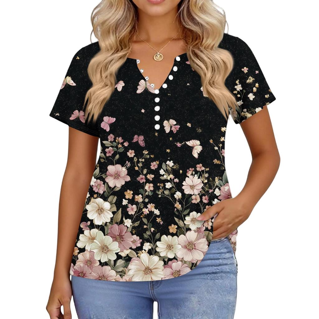 Damen Kurzarm Hemdbluse mit Blumenmuster, Henley-Kragen, Knopfleiste, Lässige lockere Passform, Oberteil für den täglichen Gebrauch und Outdoor-Aktivitäten