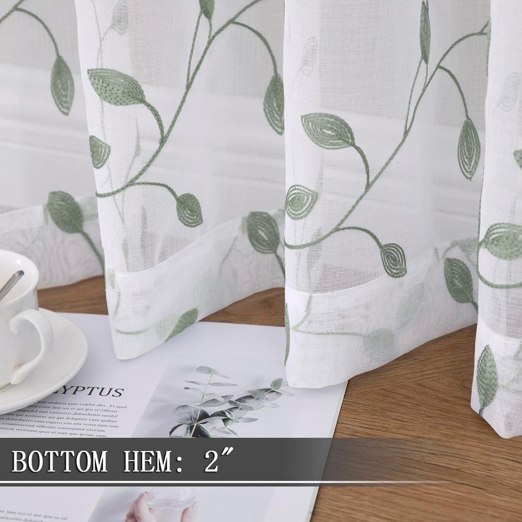 Tollpiz Leaves Short Sheer Curtain Sage Green Leaf Embroidery Living Room Curta Rod Pocket Voile Faux Linen Embroidered Leaves Curtain for Bedroom,