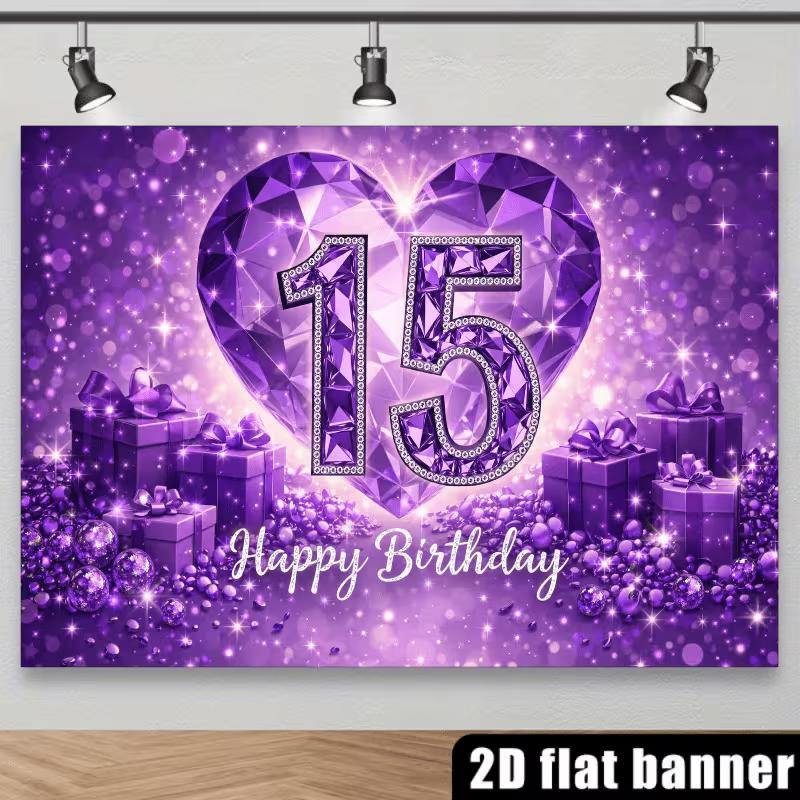 Sfondo per Festa di 15° Compleanno 2D, Glitter Viola Diamante e Scatola Regalo Sfondo Fotografico