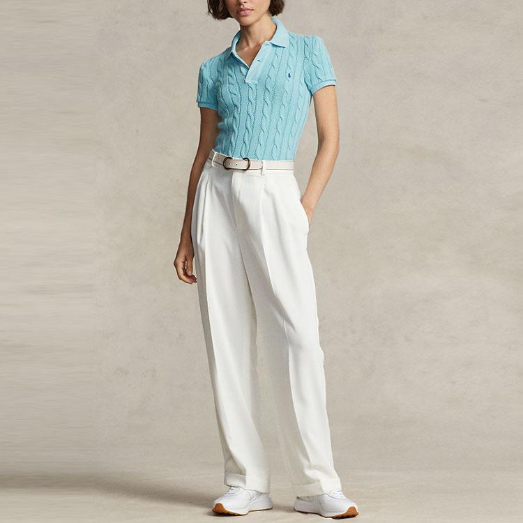 Polo Ralph Lauren SS23 Solid Cable Knit Short Sleeve Polo Shirt Women Tops Blue WMPOKNINCU20643-300