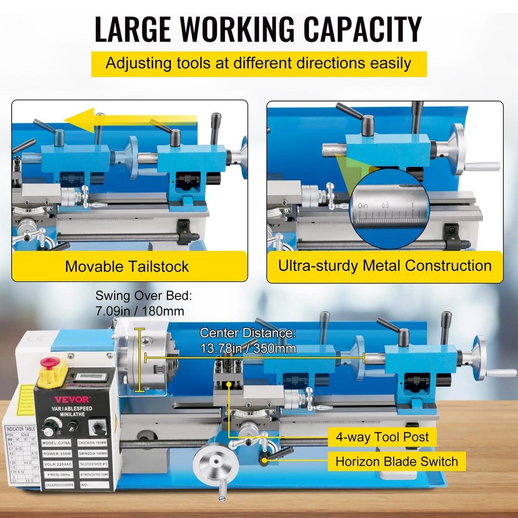 Mini Metal Lathe, 7"x14" Benchtop Metal Lathe, 550W Variable Speed 2250RPM Metal Lathe, with 3-jaw Chuck CNC Mini Lathe Machine, Precision Mini Lathe