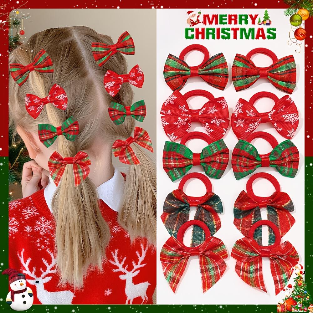 10pcs Christmas Bow Hair Ties - Festive Plaid, Snowflake & Striped Designs, Soft Polyester Hair Accessories for Holiday Parties,
