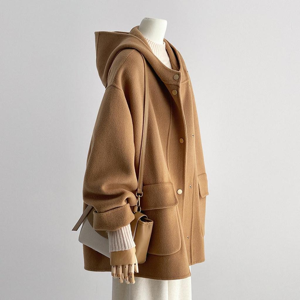 Women's 2025 Autumn Camel Hooded Double-Sided Wool Coat - New Korean Style High-End Overcoat