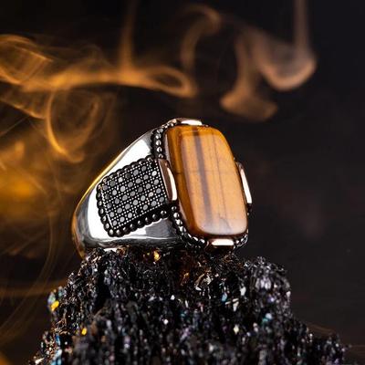 Hecheng 2022 Anello Retro Bicolore da Uomo con Pietra Occhio di Tigre